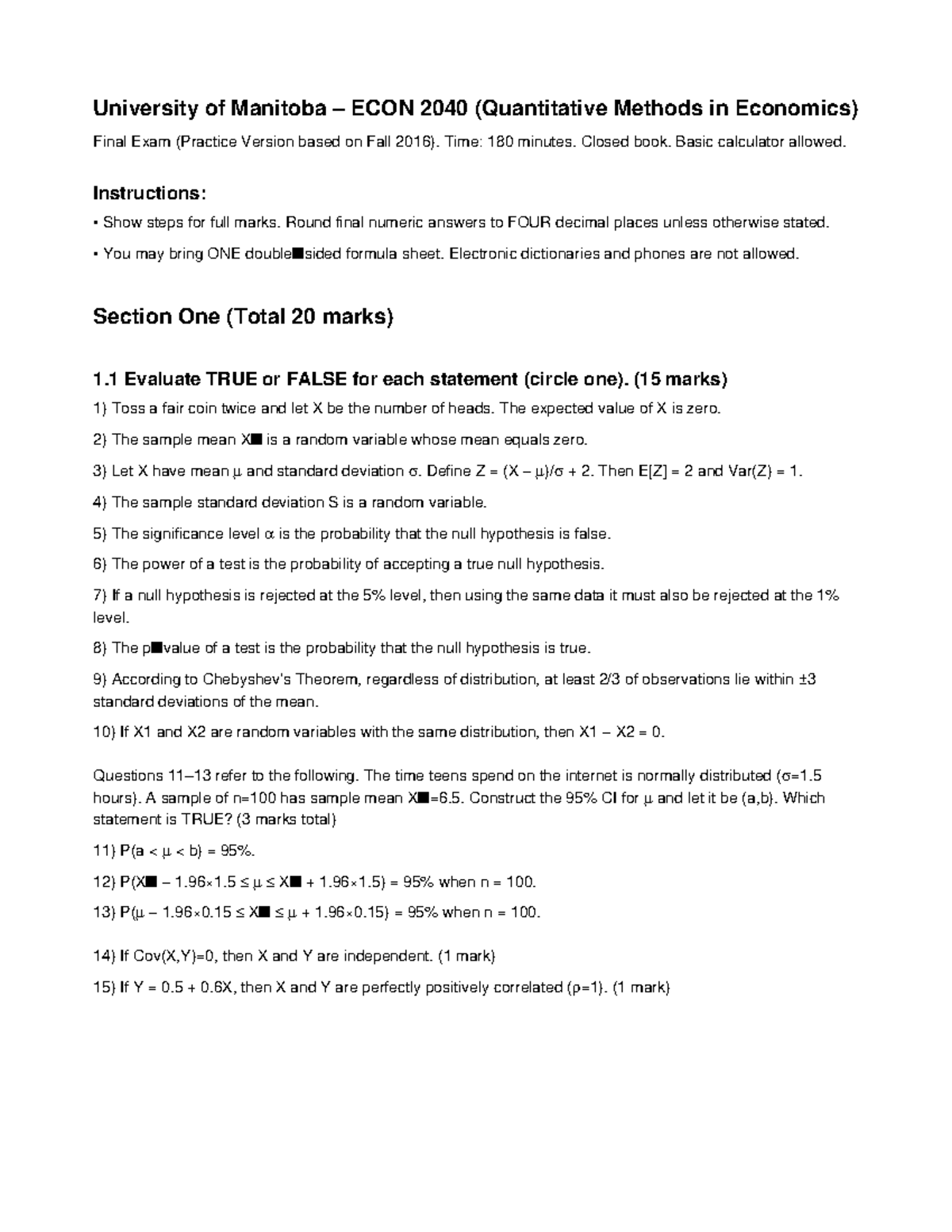 ECON 2040 Final Exam Practice - Quantitative Methods (Fall 2016) - Studocu