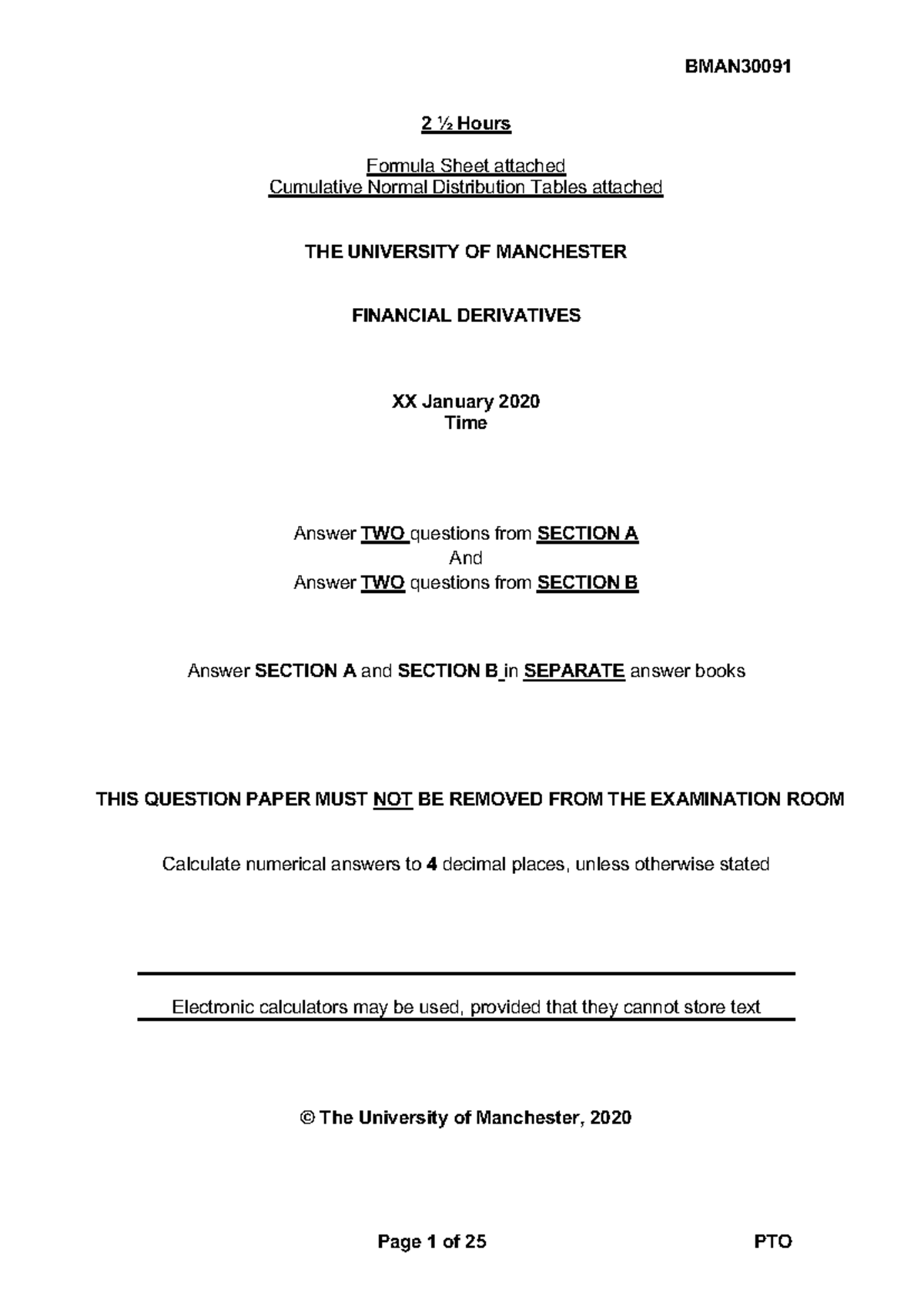 2019-20 Exam paper Answer Keys - 2 ½ Hours Formula Sheet attached ...