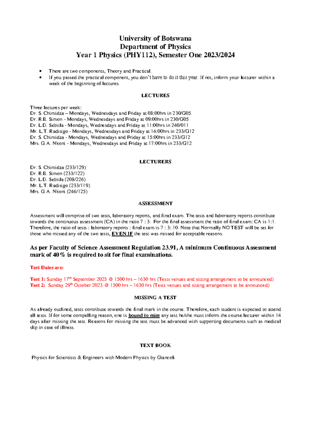 PHY 112 Course Outline: Year 1 Physics Theory & Practical 2023 - Studocu