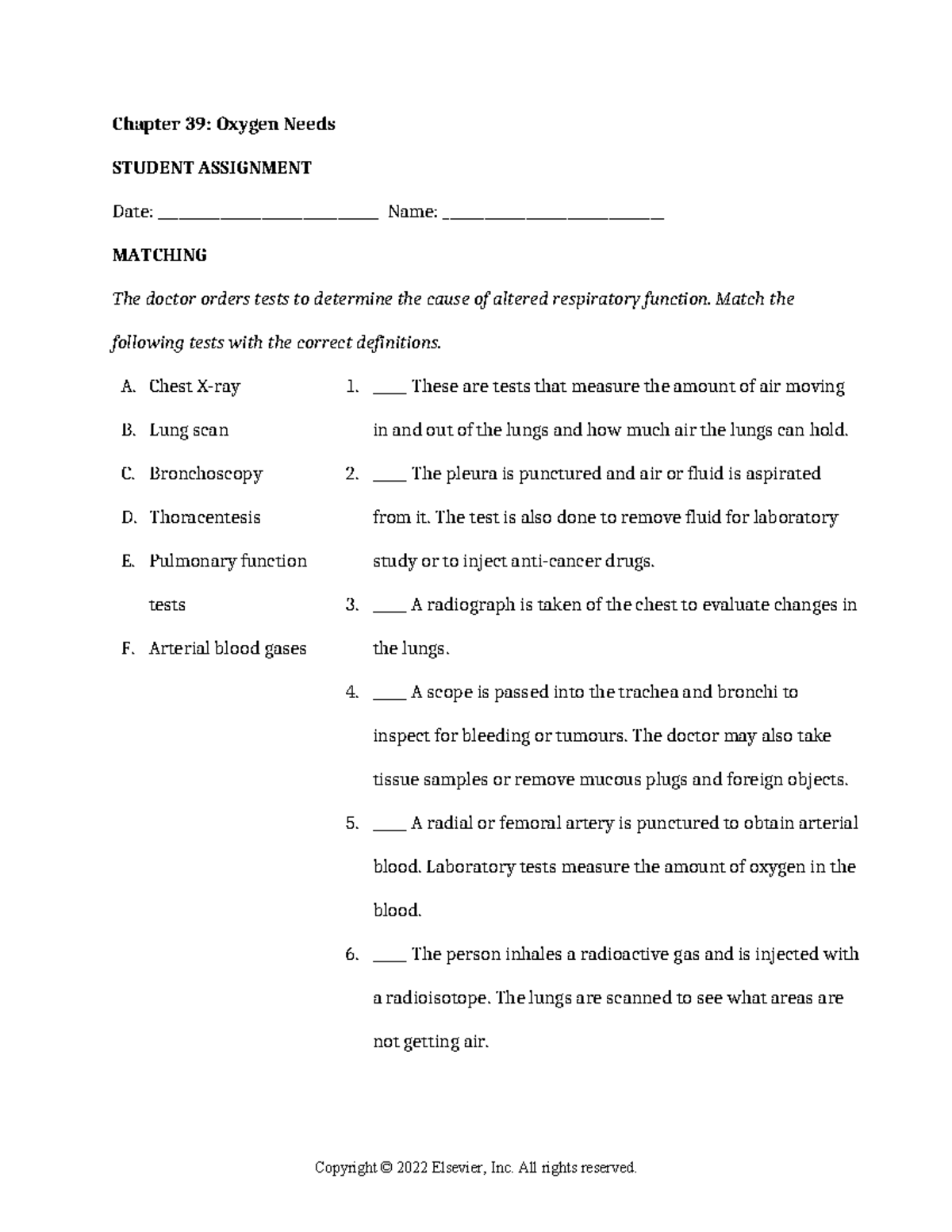 Chapter 39: Oxygen Needs Matching Assignment for Students - Studocu