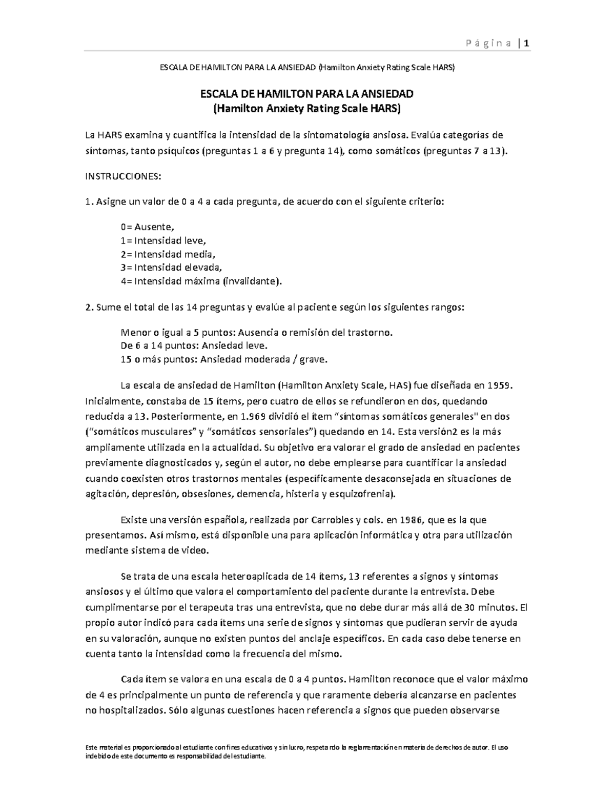 Manual de la Escala de Hamilton para la Ansiedad (HARS) - Document Preview