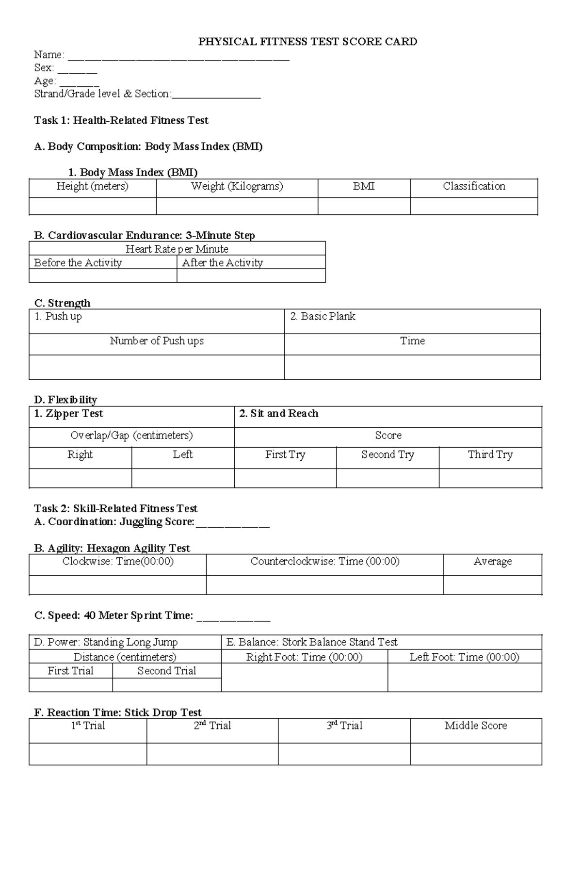 Physical Fitness Test Score Card (PFT 101) - Studocu
