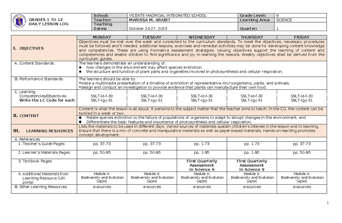 Daily Lesson Log for Grade 9 Science (Week of Oct 23-27, 2023) - Studocu