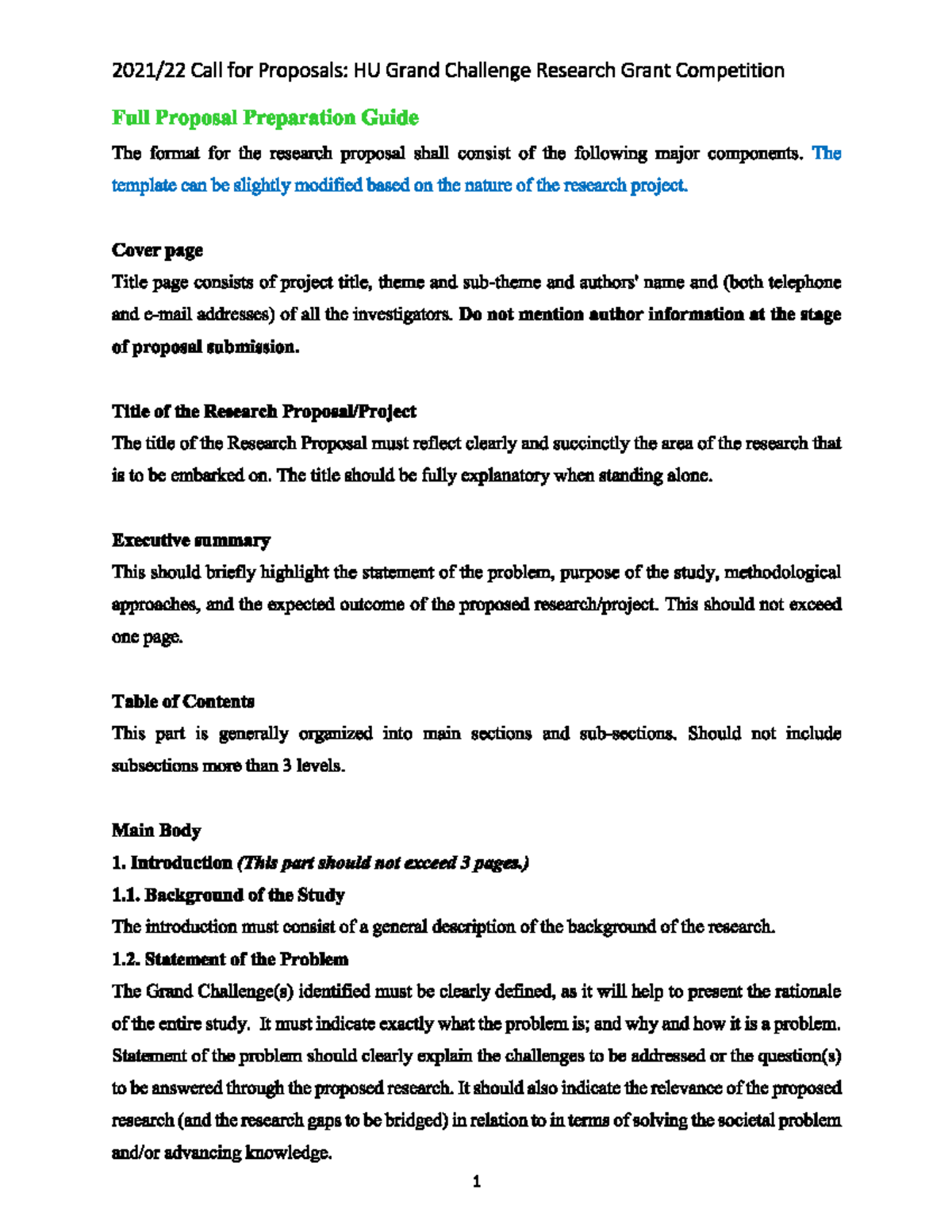 HU Grand Challenge Research Grant Proposal Preparation Guidelines - Studocu