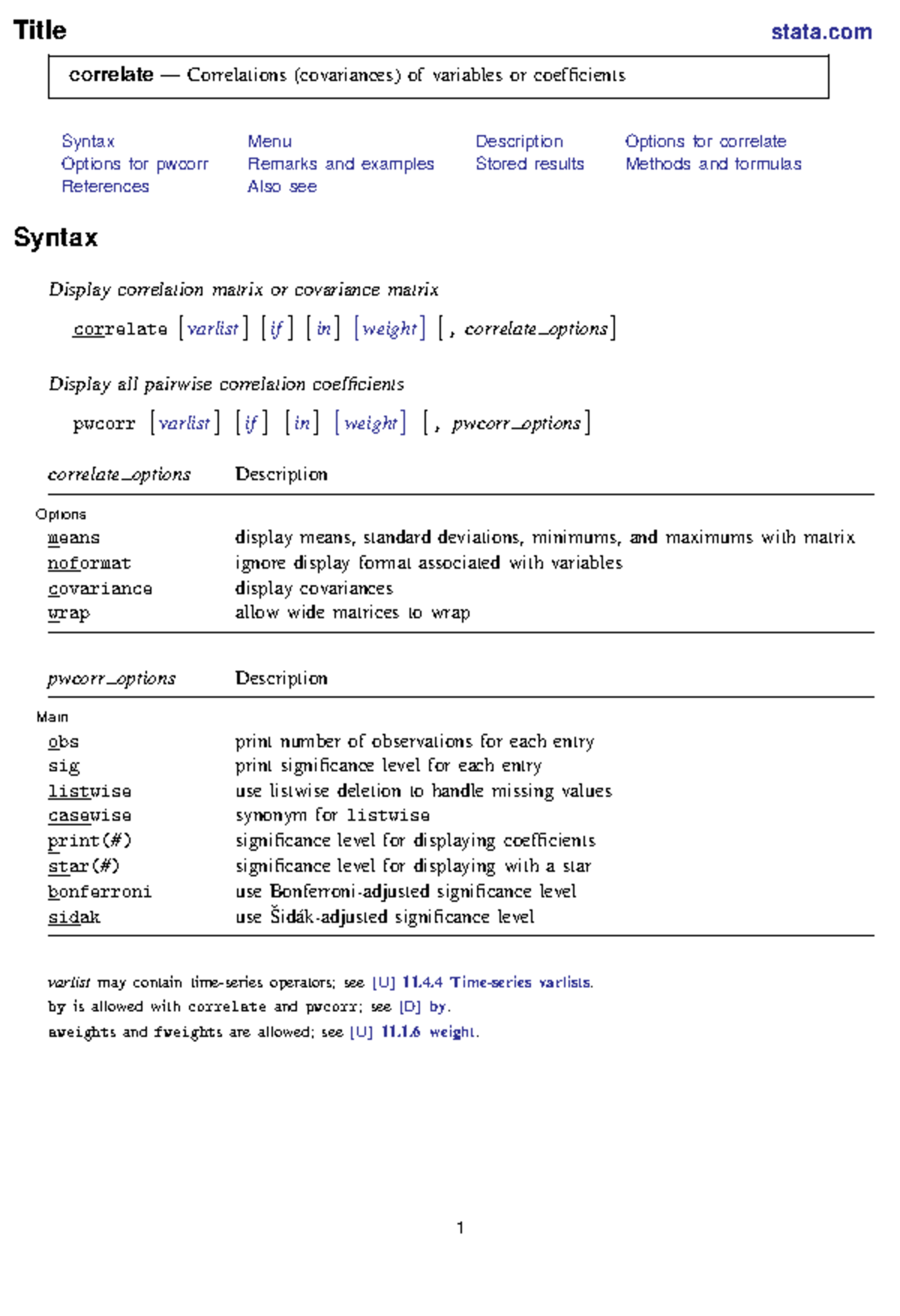 Stata guide - Title stata correlate — Correlations (covariances) of ...