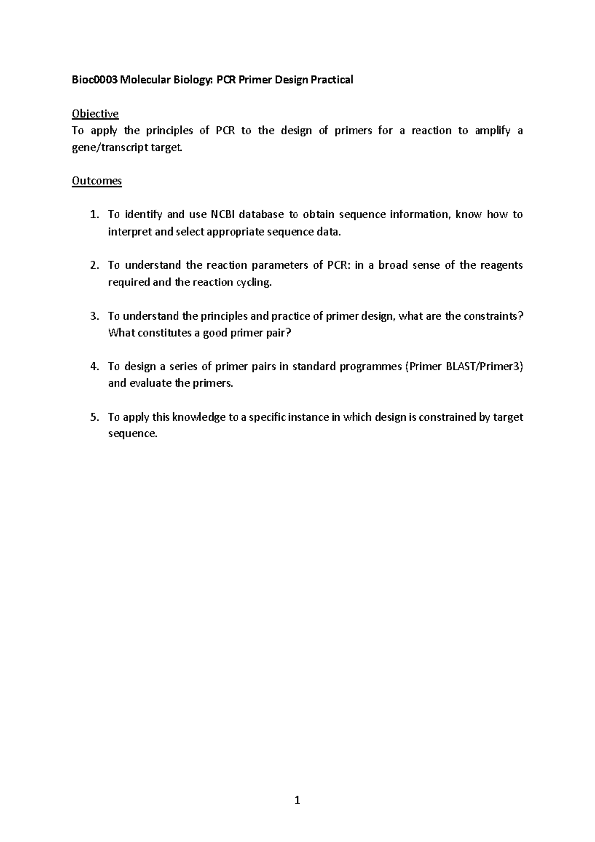 Bioc0003 PCR Primer Design Manual 2022 2023 - Bioc0003 Molecular ...