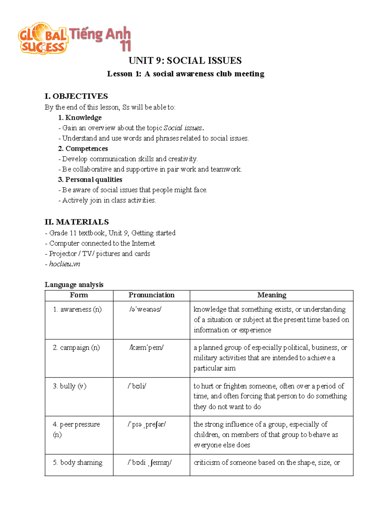 Unit 9 - TTTTTTTTTTTTTTT - UNIT 9: SOCIAL ISSUES Lesson 1: A social ...