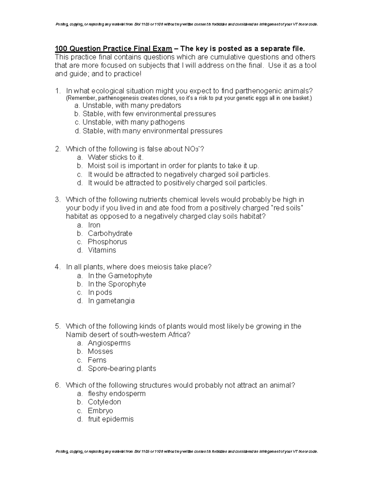 100 Question Cumulative Practice Final Exam - Biol 1105 - Studocu