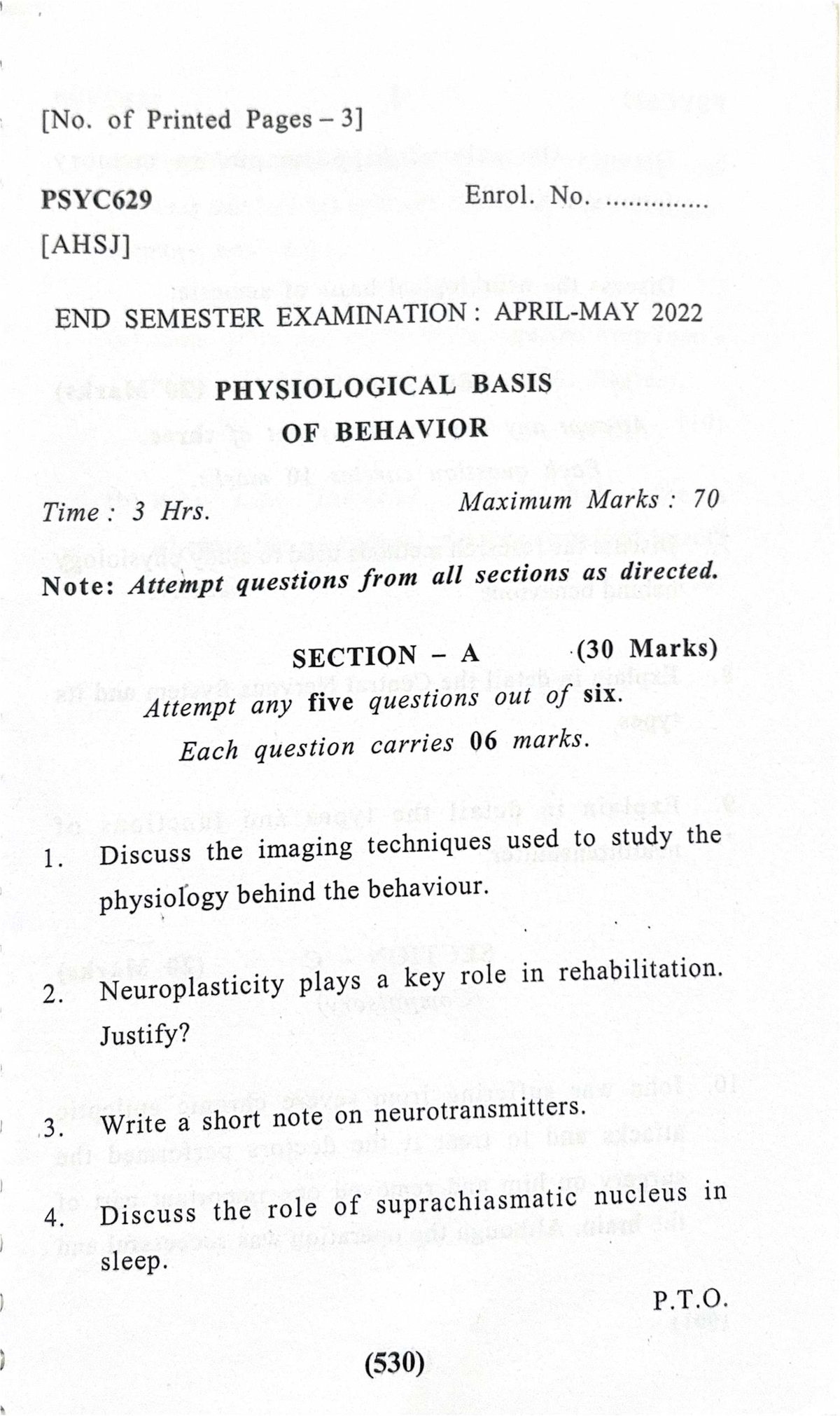 PSYC629 Final Exam: Physiological Basis of Behavior QP 2022-2023 - Studocu