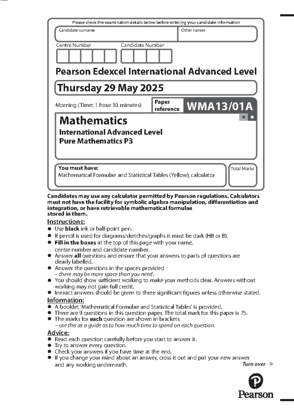 P3 Final Mock Exam - Pure Mathematics Details and Instructions - Studocu