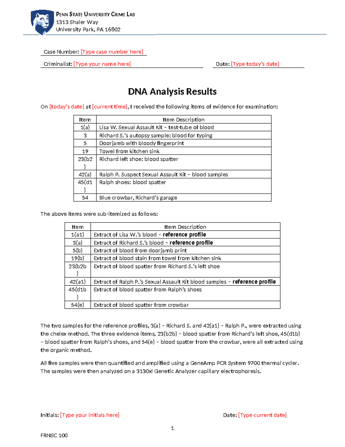 Case Study - DNA Analysis Results and Interpretation (CRIM 101) - Studocu