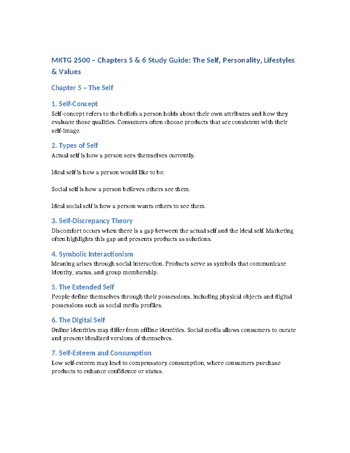 MKTG 2500 Study Guide: Chapters 5 & 6 - The Self and Identity - Studocu