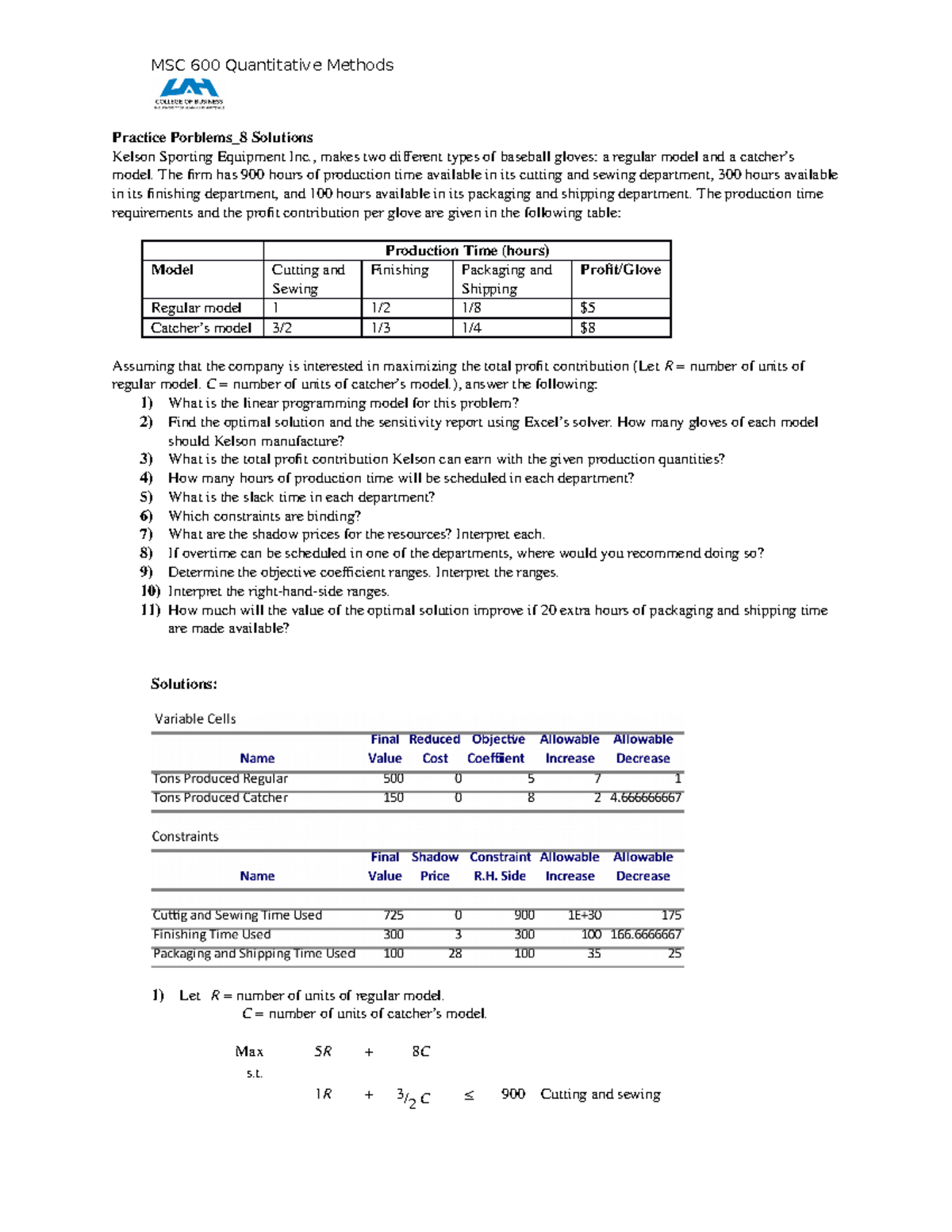 Chapter 7 Linear Programming Solutions - MSC 600 Quantitative Methods ...