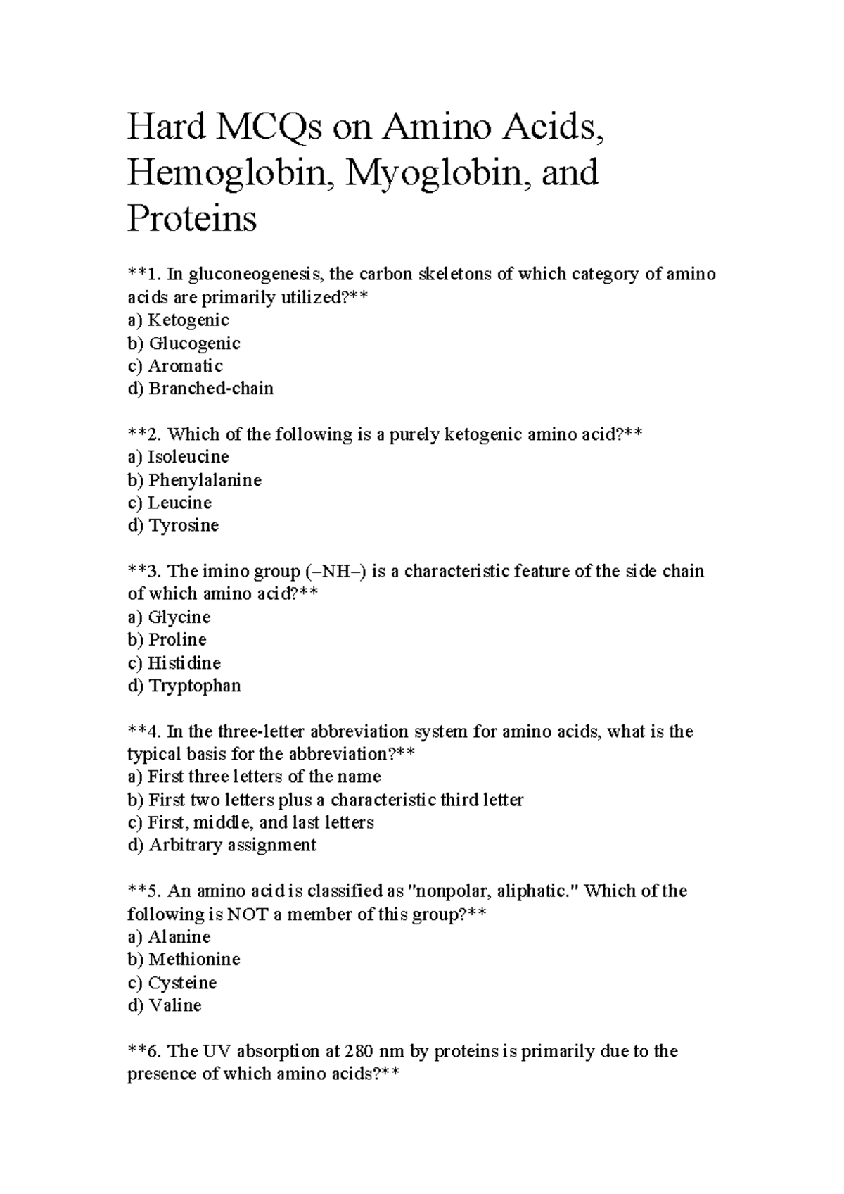Hard MCQs on Amino Acids, Hemoglobin, Myoglobin, and Proteins - Studocu