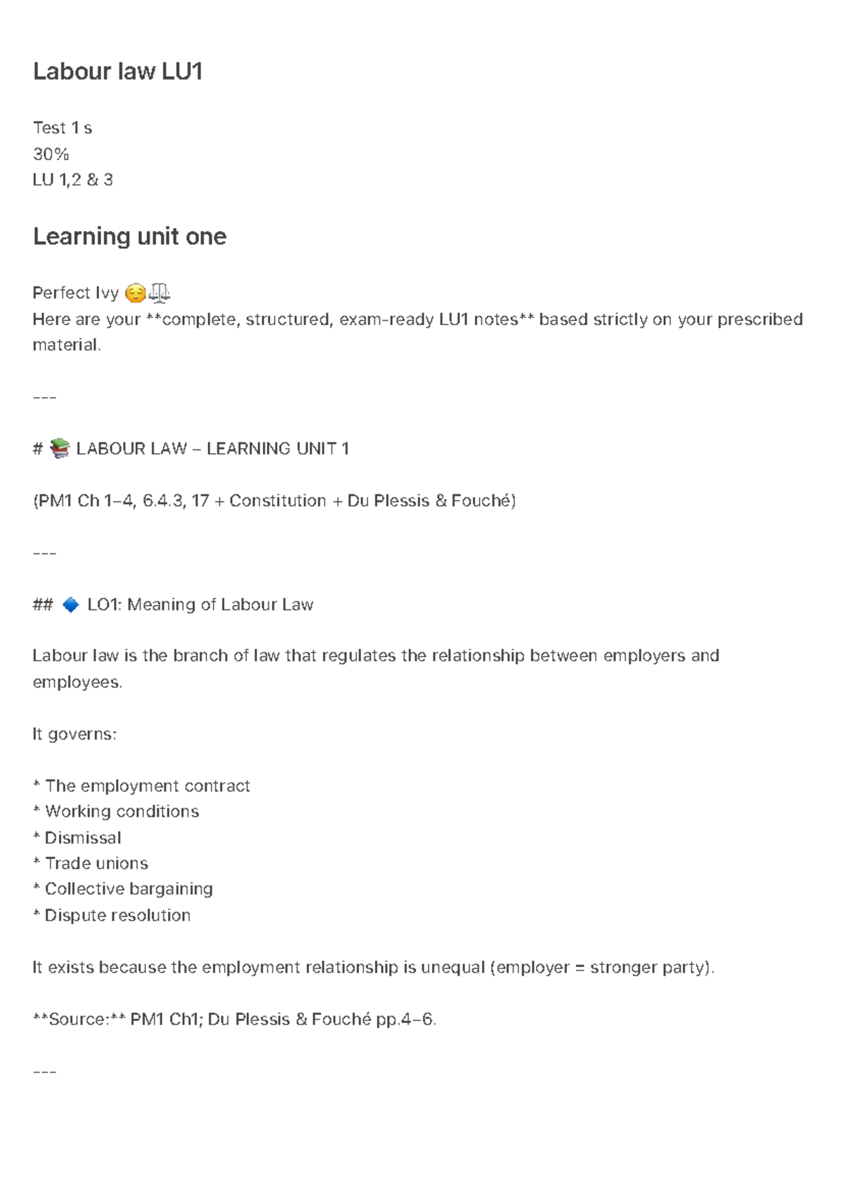 Labour Law LU1 Test 1: Key Concepts and Constitutional Impact - Studocu