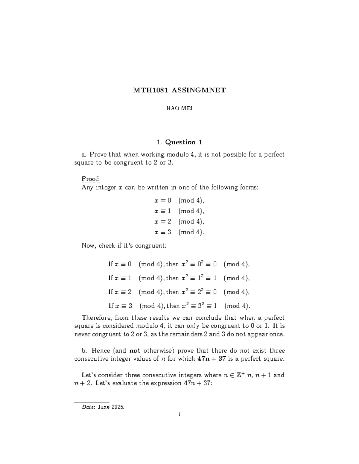 MTH1081 ASSIGNMENT: Proofs on Modulo 4 and Relations - Studocu