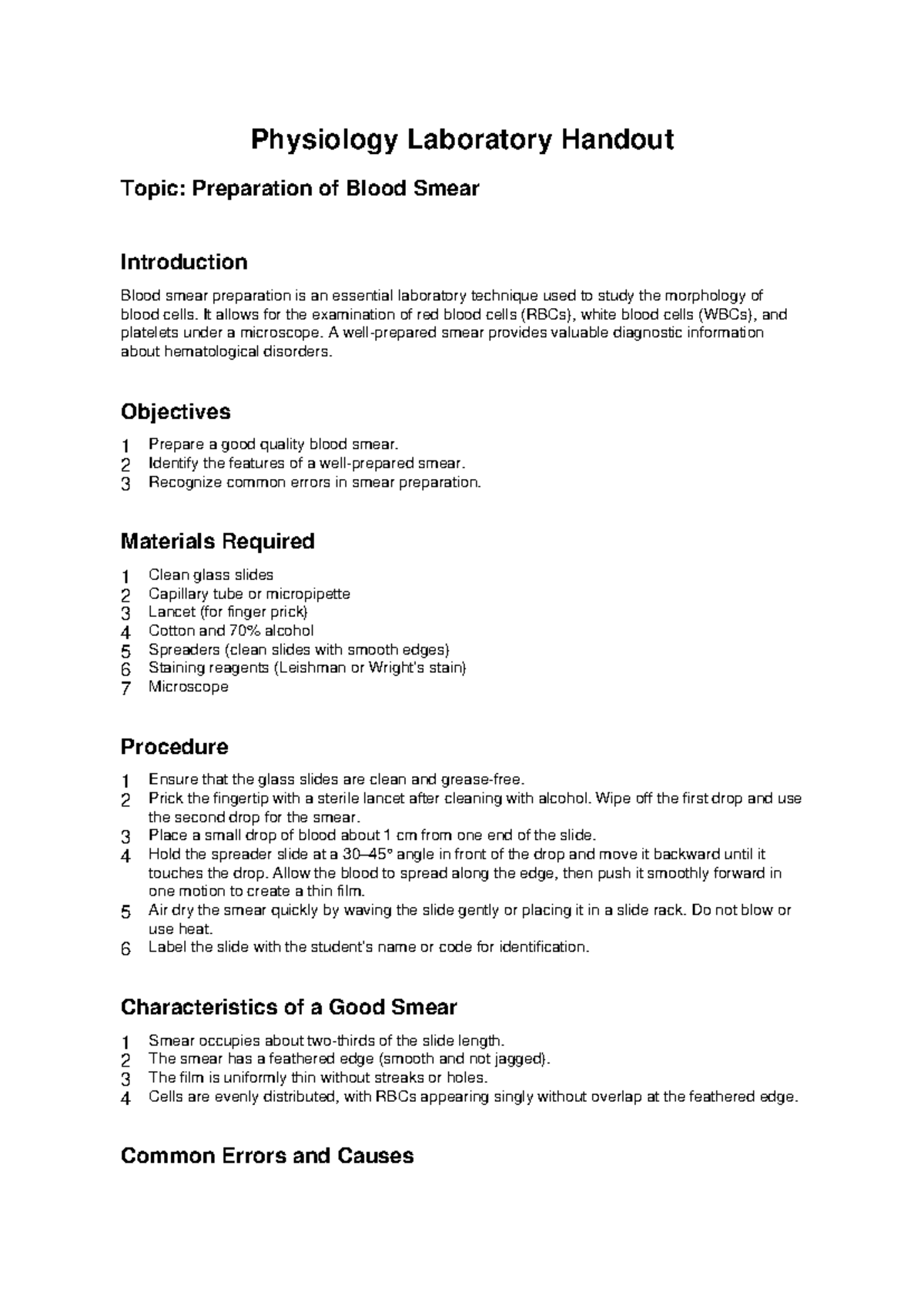 Blood Smear Preparation Lab Handout: Techniques & Tips - Studocu