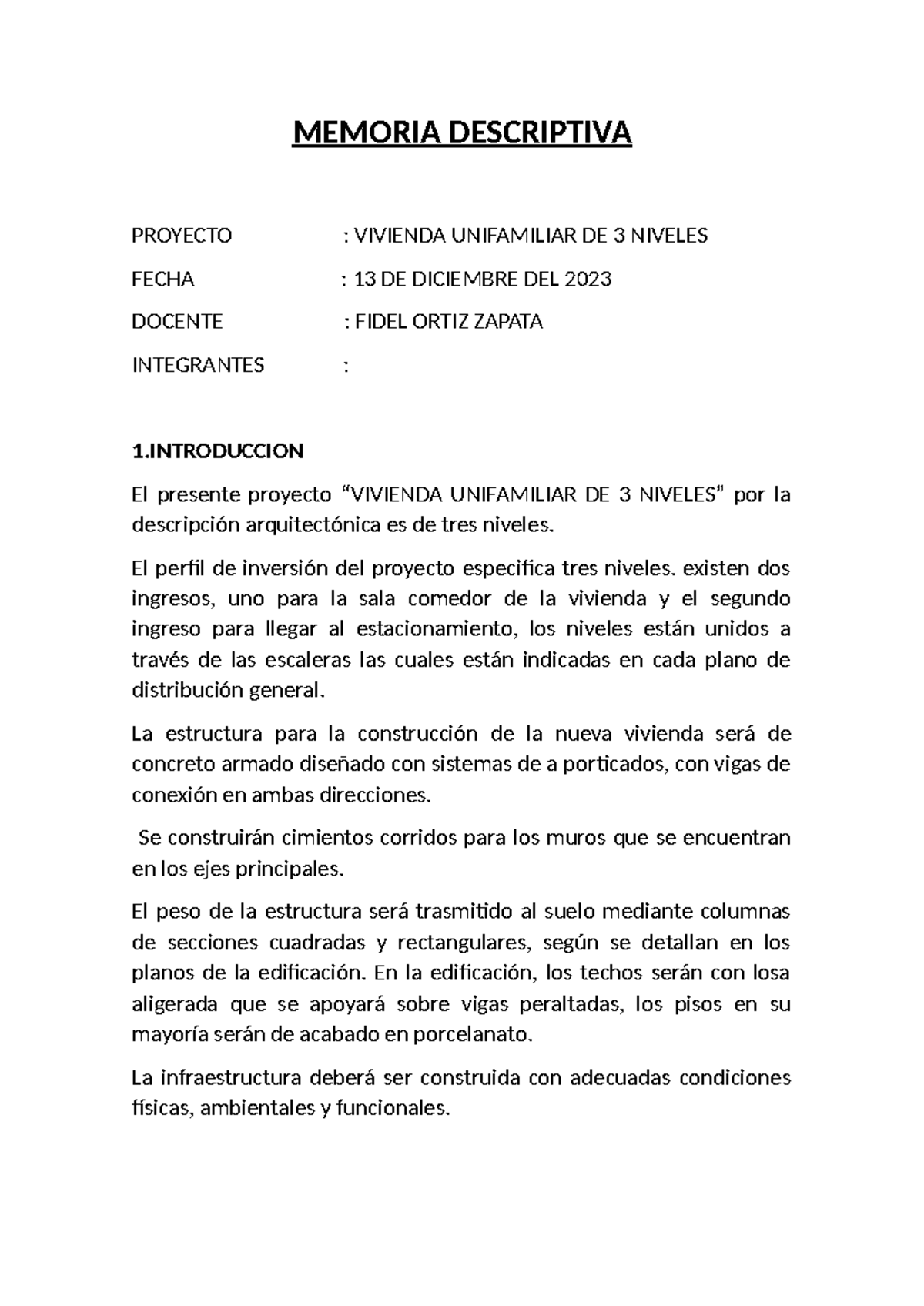 Memoria Descriptiva del Proyecto: Vivienda Unifamiliar de 3 Niveles ...