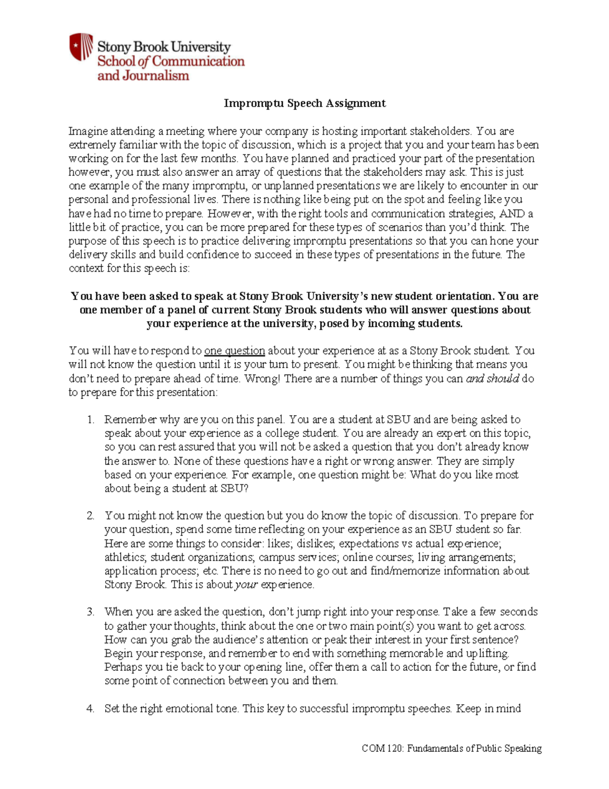 COM 120: Impromptu Speech Assignment Guide for SBU Orientation - Studocu