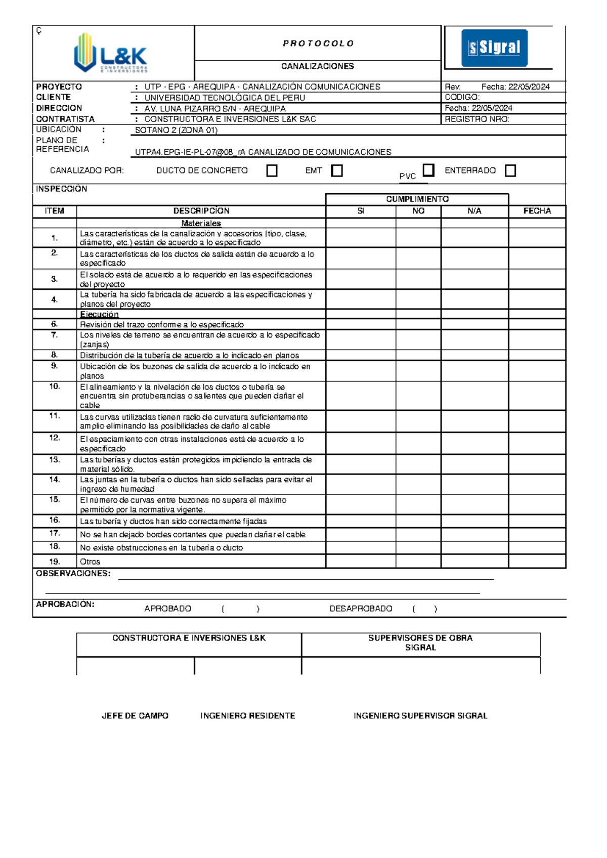 Protocolo de Canalización de Comunicaciones UTP EPG Arequipa - Zona 01 - Document Preview