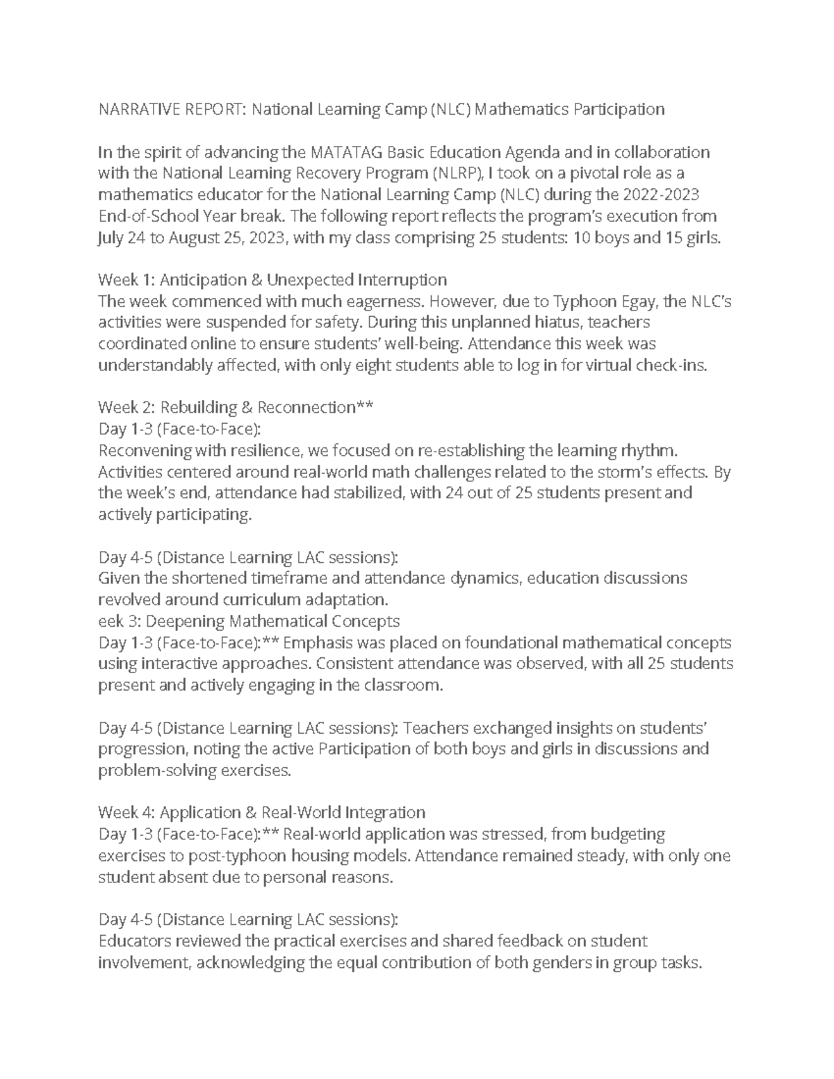 NLC Narrative Report: 2023 Mathematics Camp Participation & Insights ...