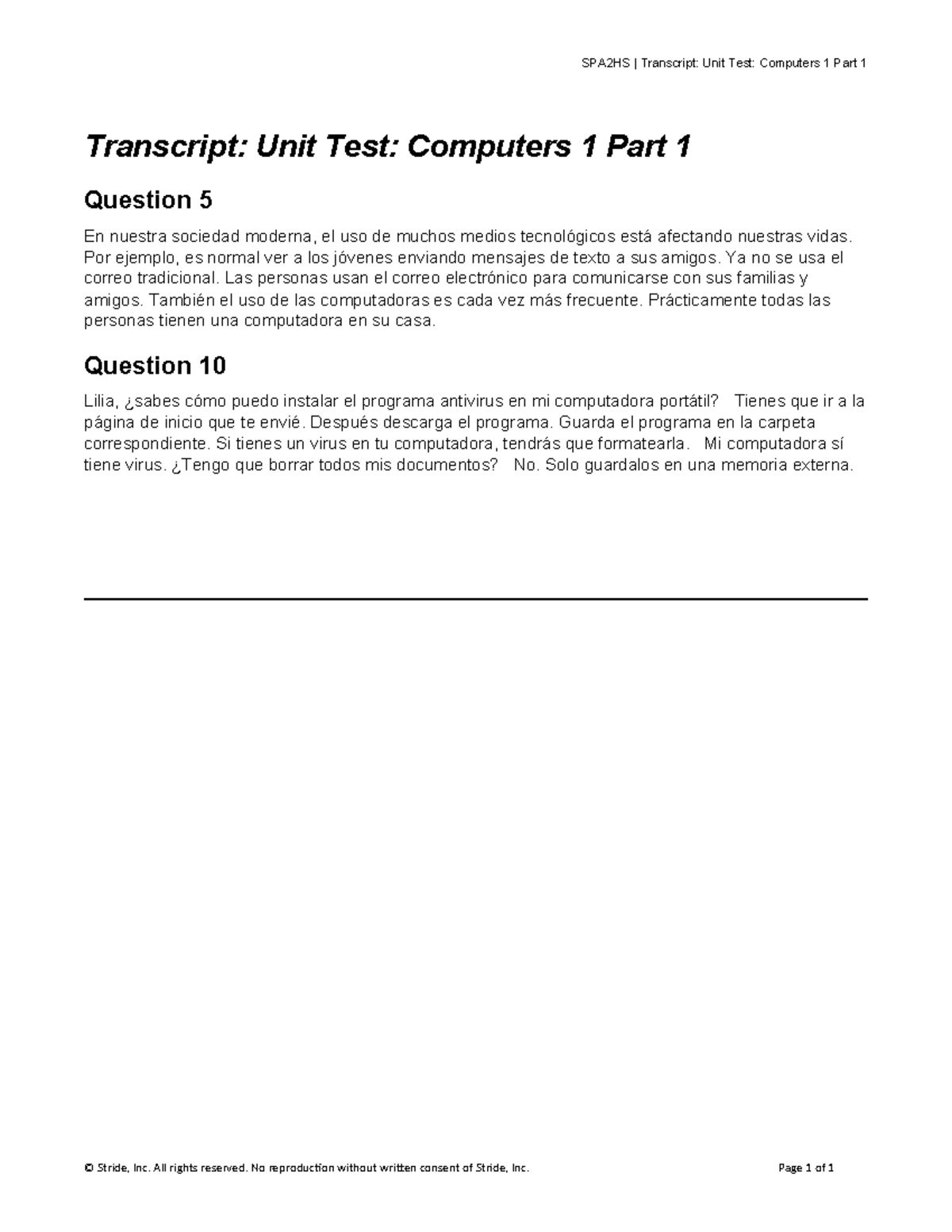SPA2HS Unit Test: Computers 1 Part 1 Transcript - Studocu