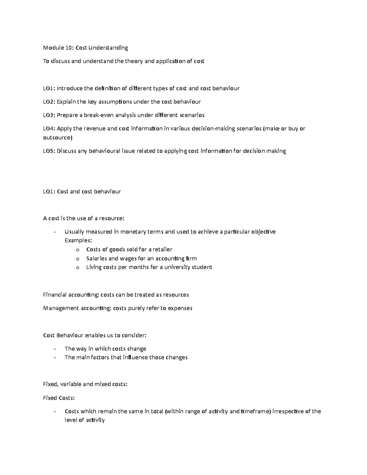 Module 10: Cost Understanding - Summary Study Notes - Studocu