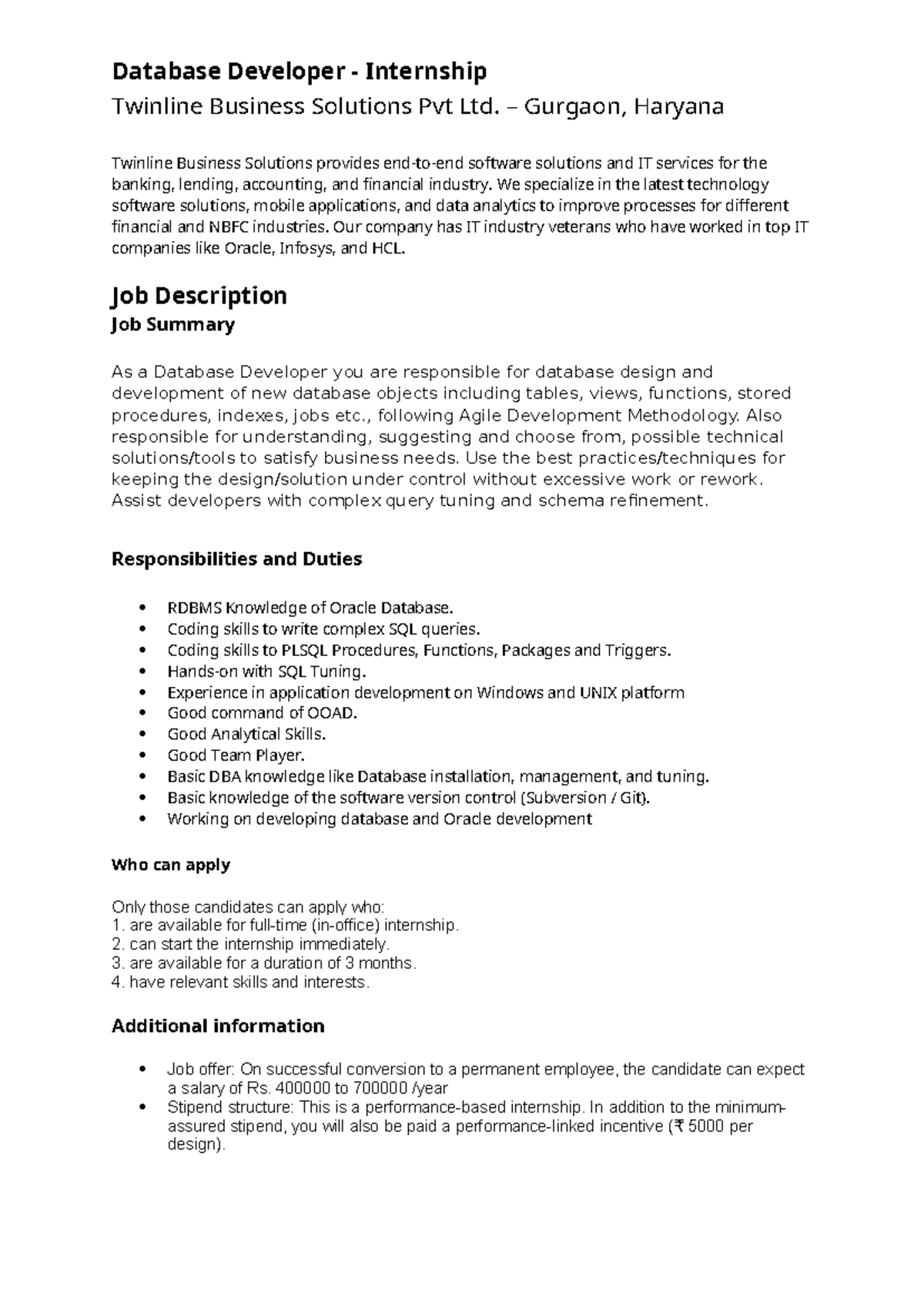 Database Developer Internship at Twinline Business Solutions - Studocu
