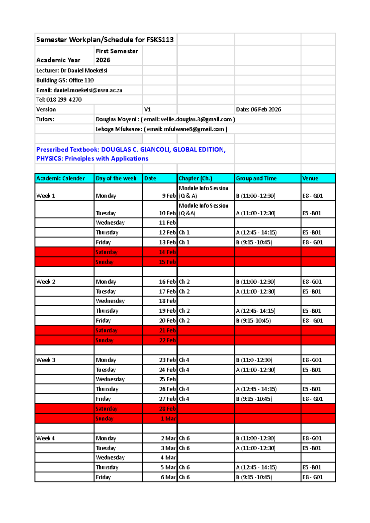 FSKS113 Semester Work Plan for Academic Year 2026 - Studocu