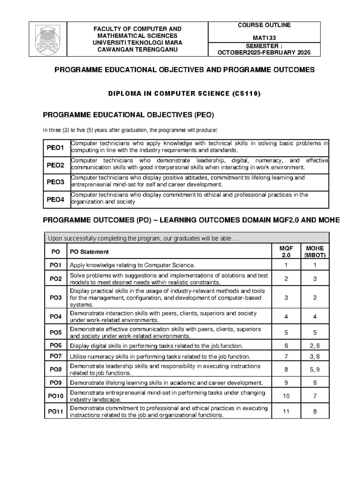 Course Outline MAT133: Diploma in Computer Science (CS110) - Semester ...