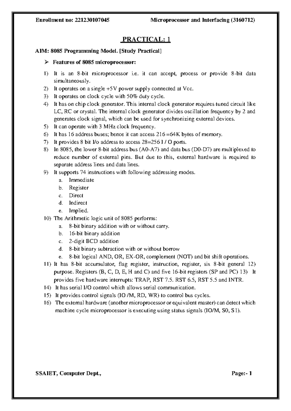 Microprocessor and Interfacing (3160712) Practical: 8085 Programming ...