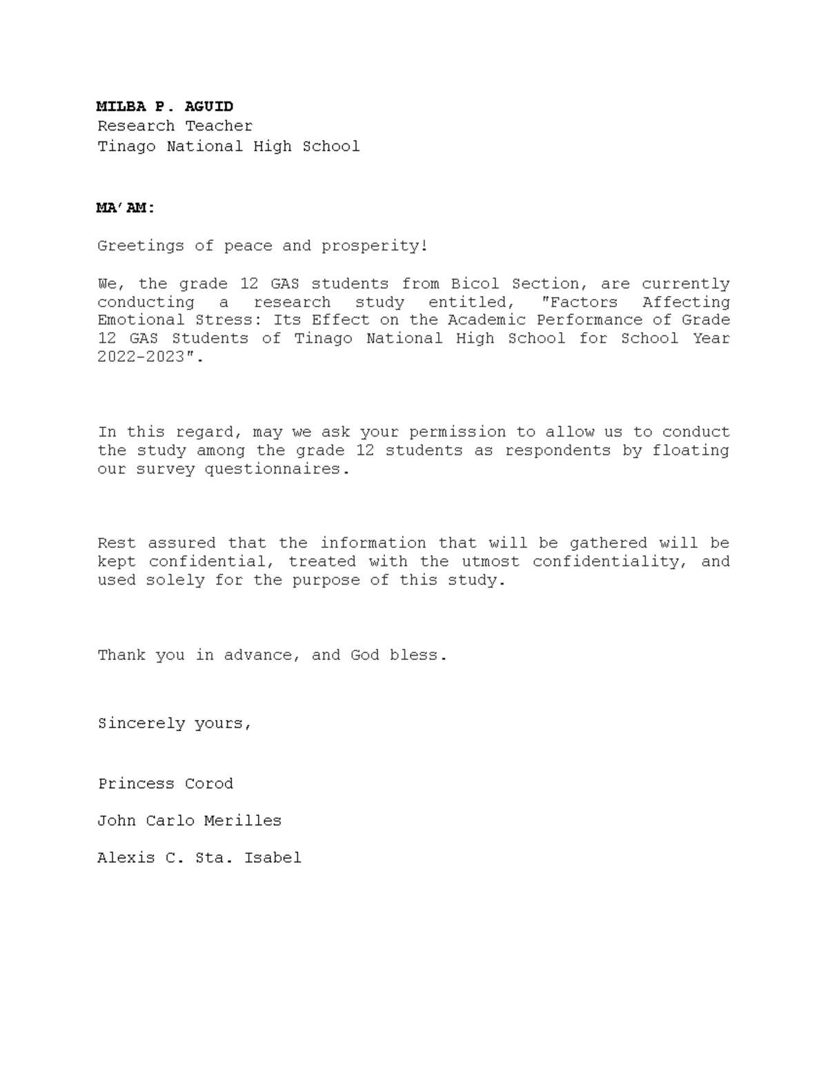 Grade 12 GAS Research Study Permission Letter for SY 2022-2023 - Studocu