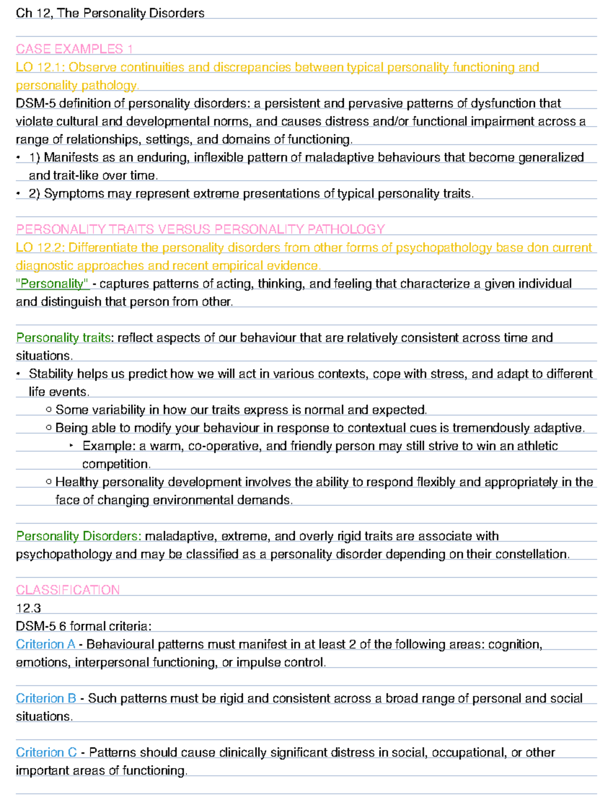 Unit 7 - Ch 12: Personality Disorders Overview and Case Examples - Studocu