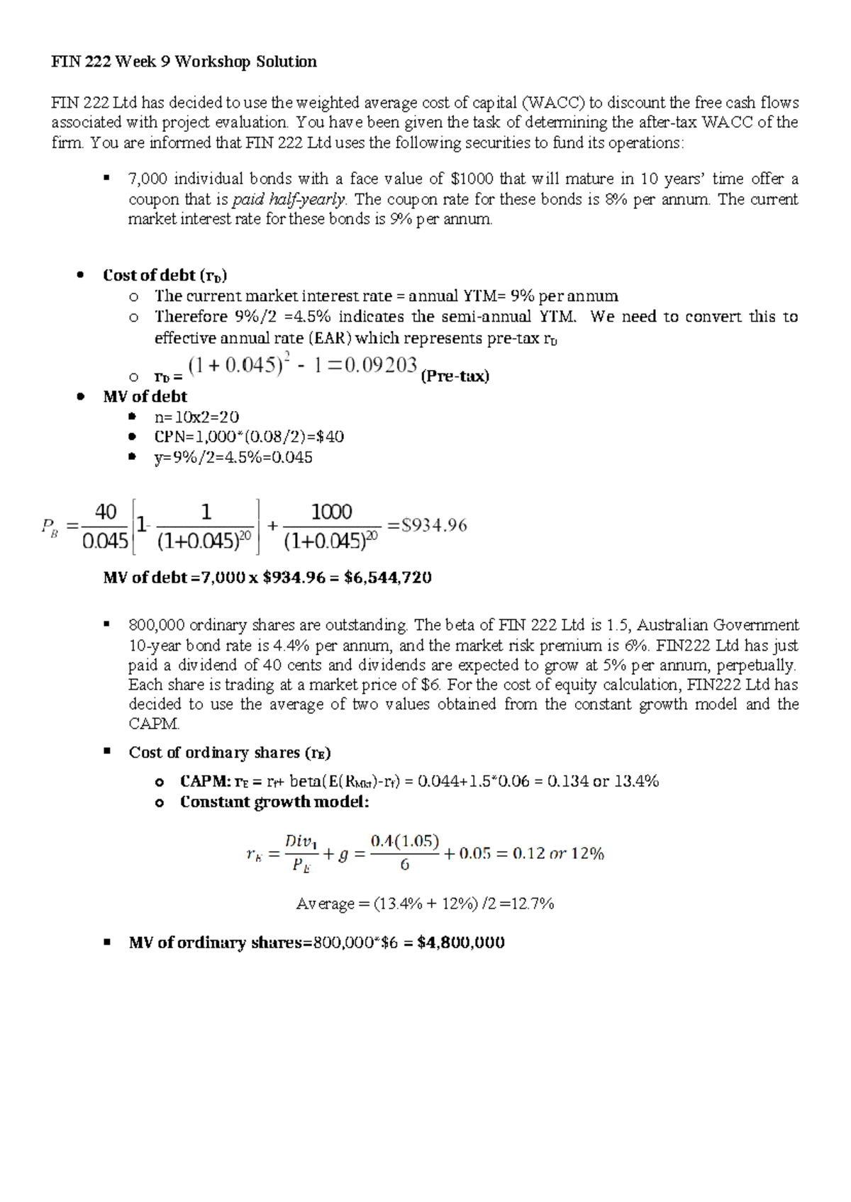 FIN Week 9 Workshop: WACC Calculation for FIN Ltd Project Evaluation ...
