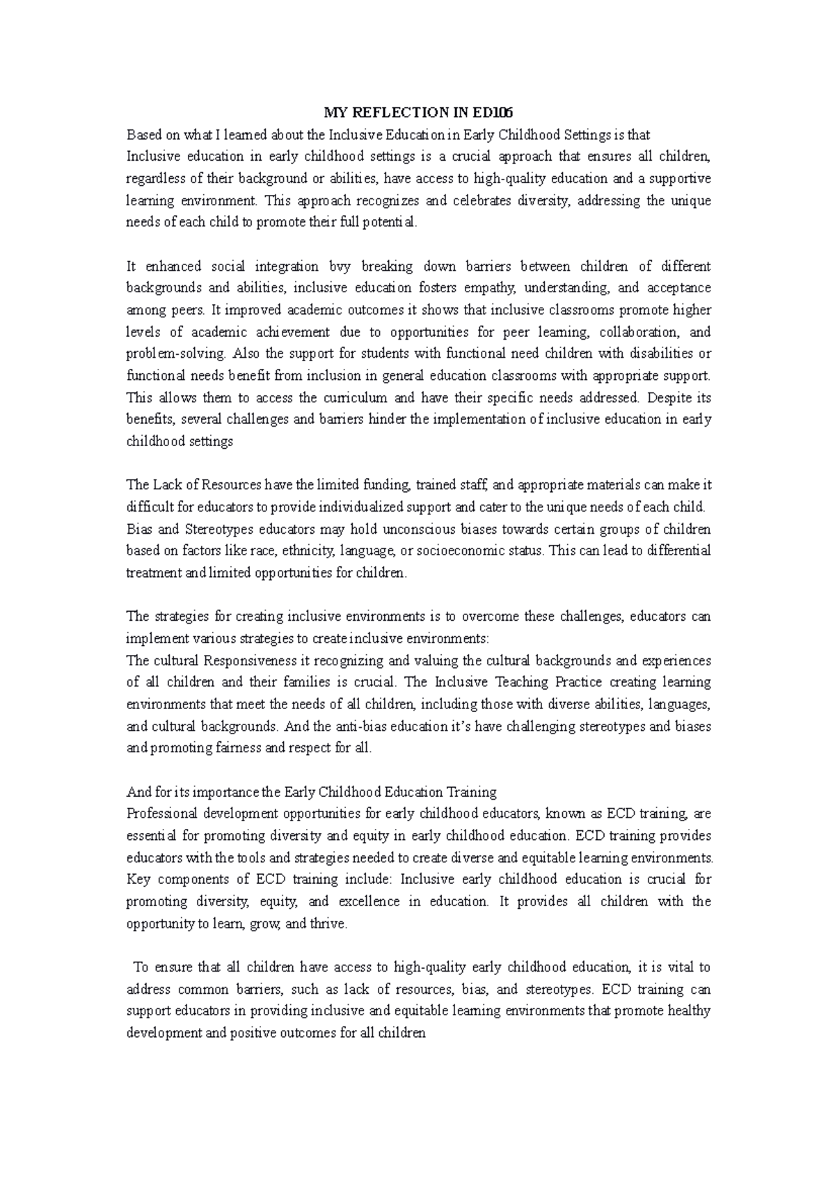 My Reflection on Inclusive Education in Early Childhood (ED106) - Studocu
