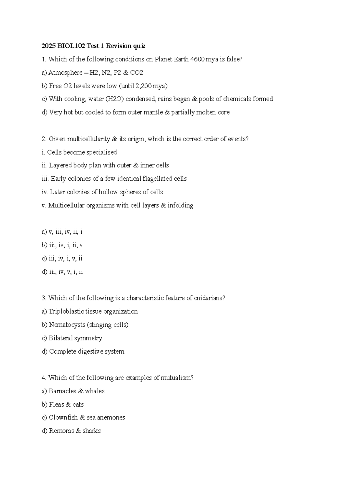 2025 BIOL102 Test 1 Revision Quiz: Key Concepts and Questions - Studocu