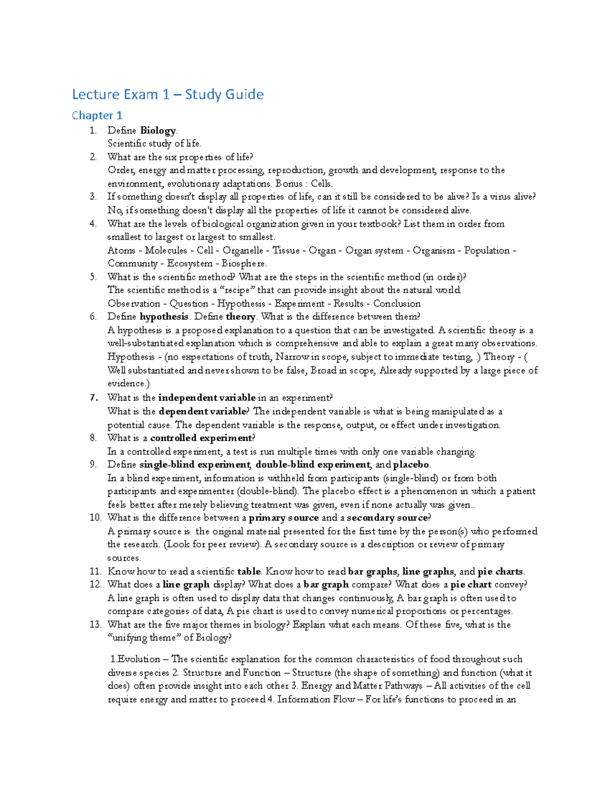 Lecture Exam 1 Study Notes - Bio 131 Insights and Concepts - Studocu