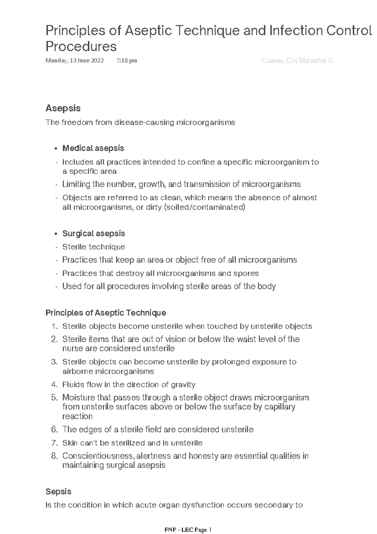Aseptic Technique & Infection Control: Principles & Procedures - Studocu