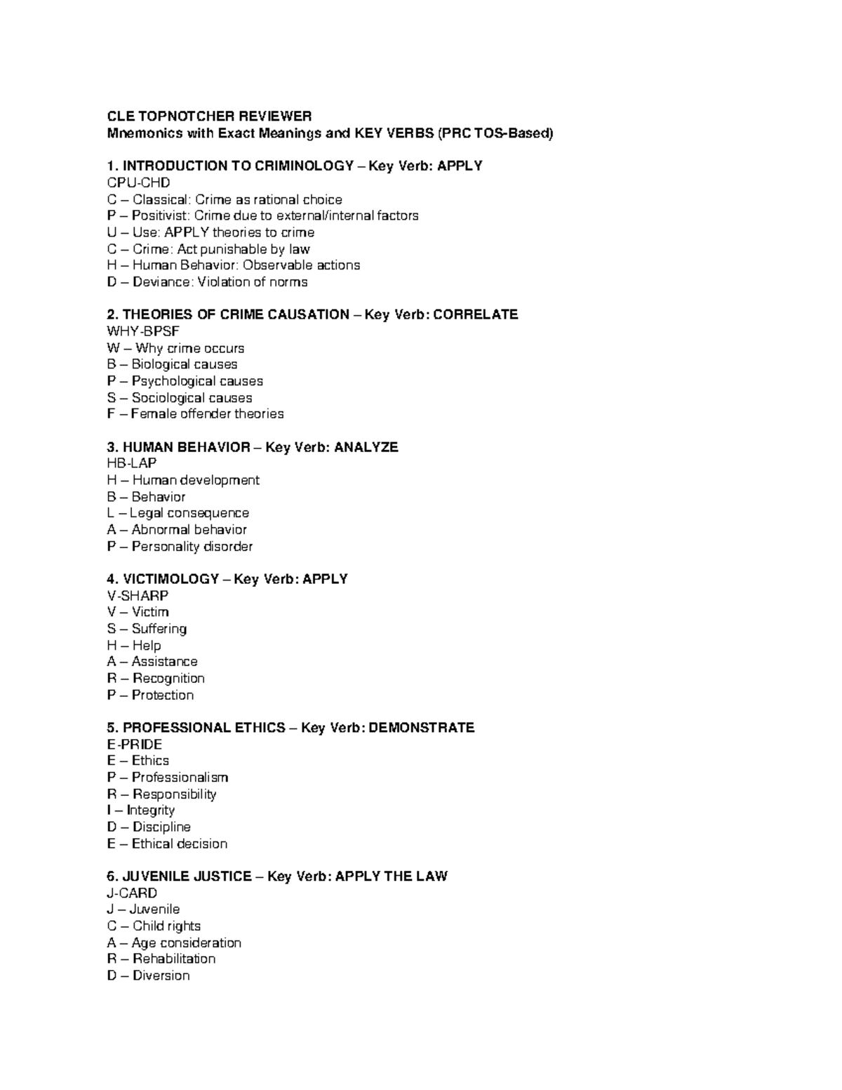 CLE TOPNOTCHER REVIEWER: Mnemonics & Key Verbs in Criminology - Studocu