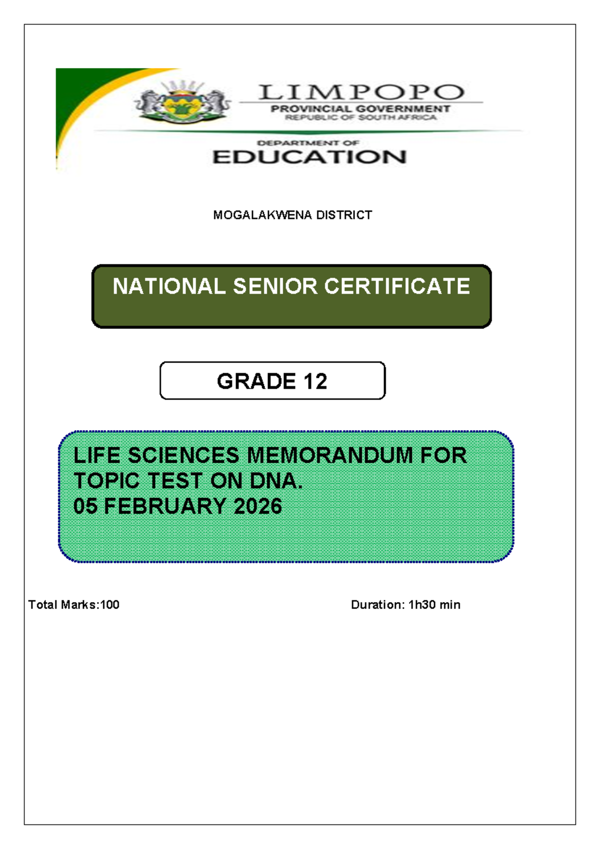 MOGALAKWENA DISTRICT GRADE 12 LIFE SCIENCES DNA TOPIC TEST MEMO
