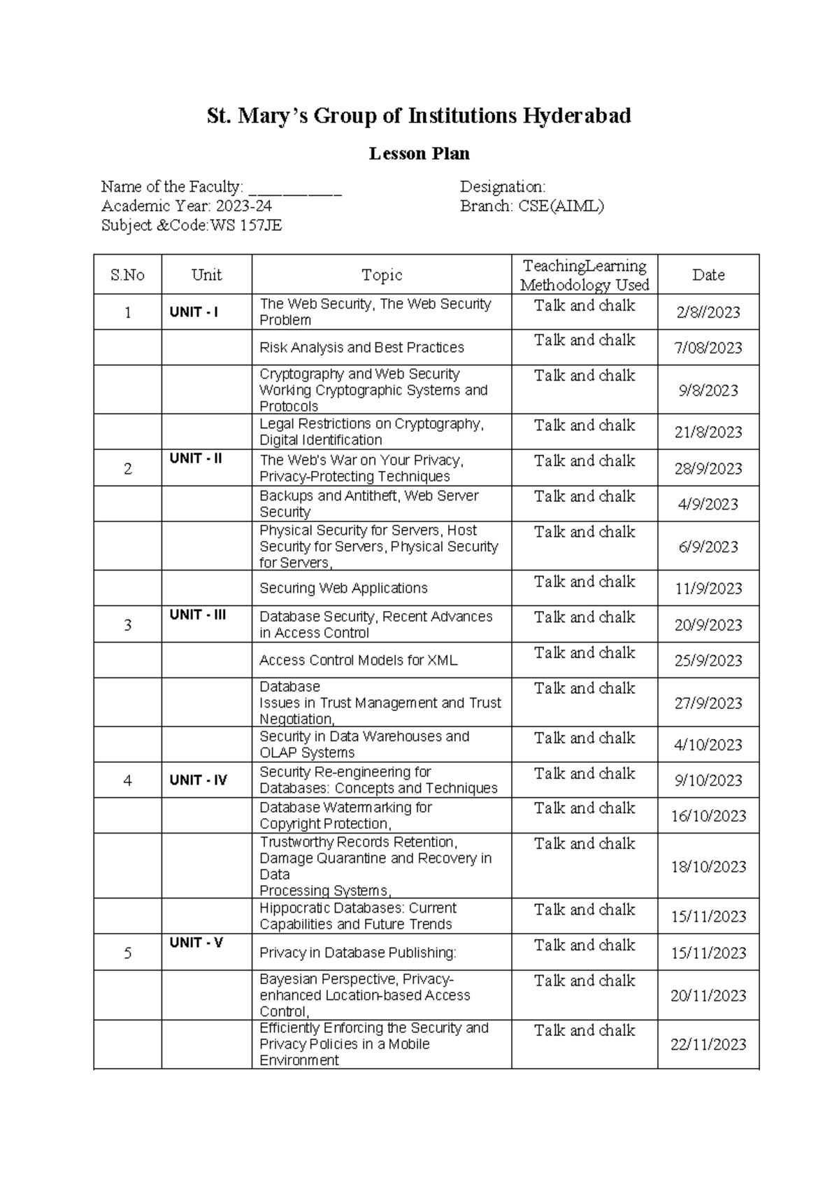 CSE(AIML) 157JE Lesson Plan: Web Security & Cryptography - Studocu