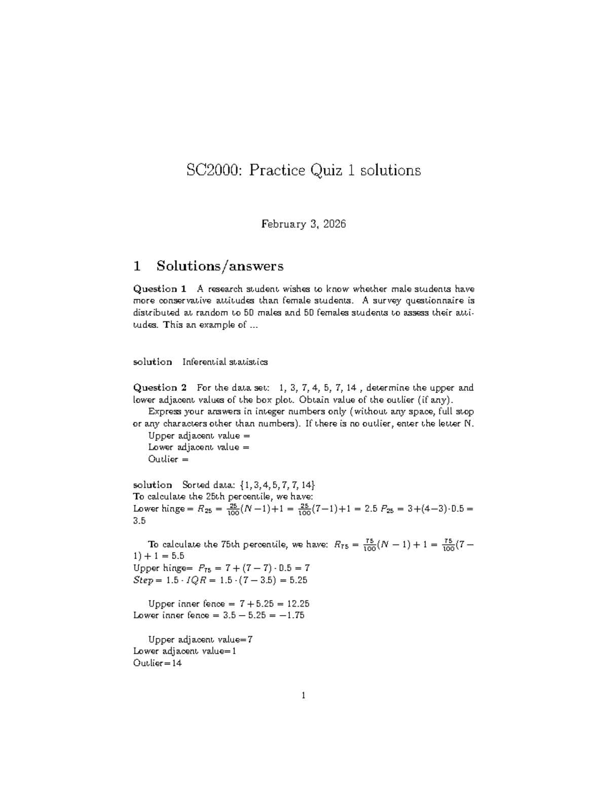 Practice Quiz 1 Solutions for Statistics - Feb 3, 2026 - Studocu