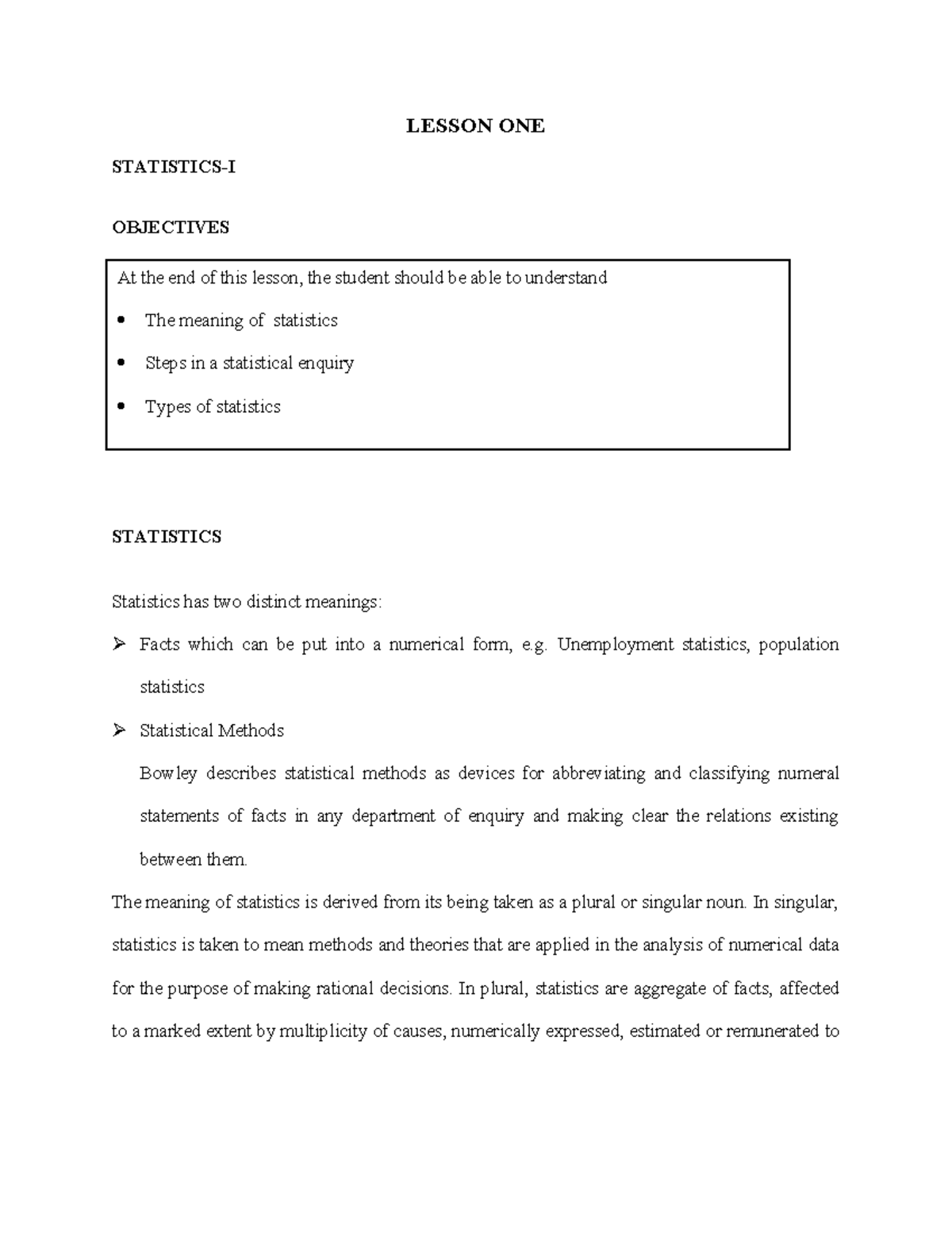 Lesson ONE - notes - LESSON ONE STATISTICS-I OBJECTIVES STATISTICS ...