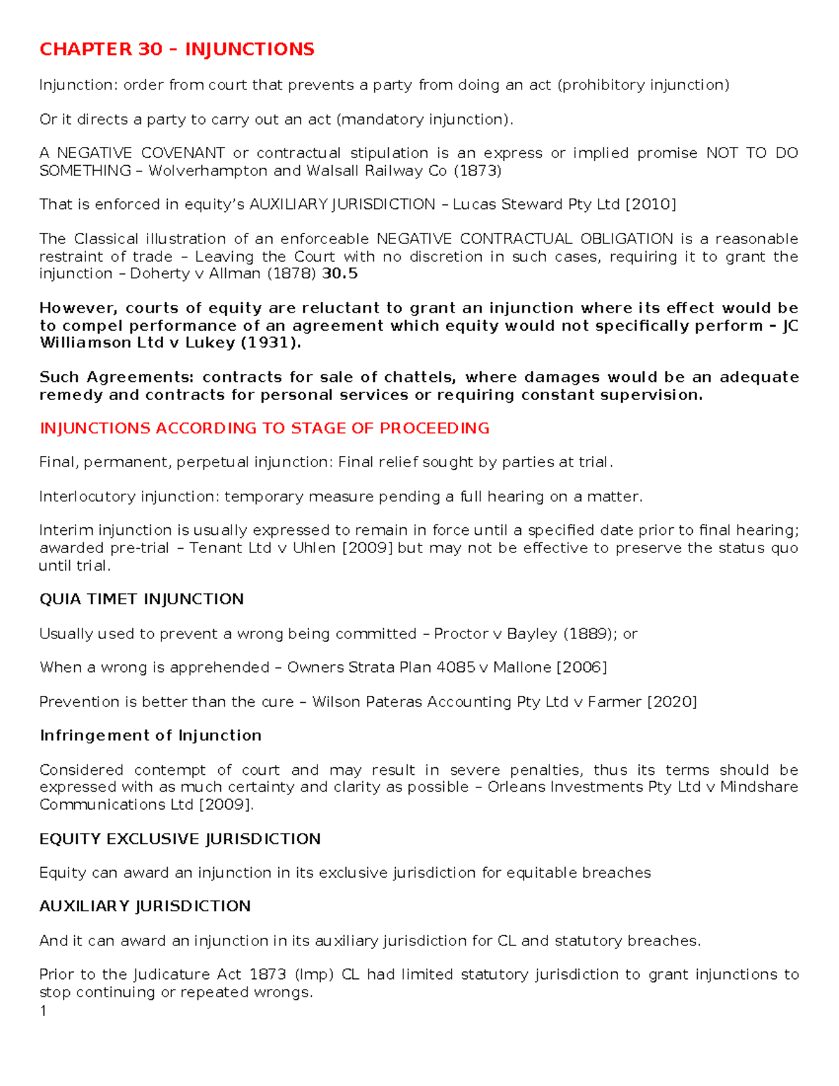 CHAPTER 30: INJUNCTIONS AND EQUITABLE REMEDIES SUMMARY - Studocu
