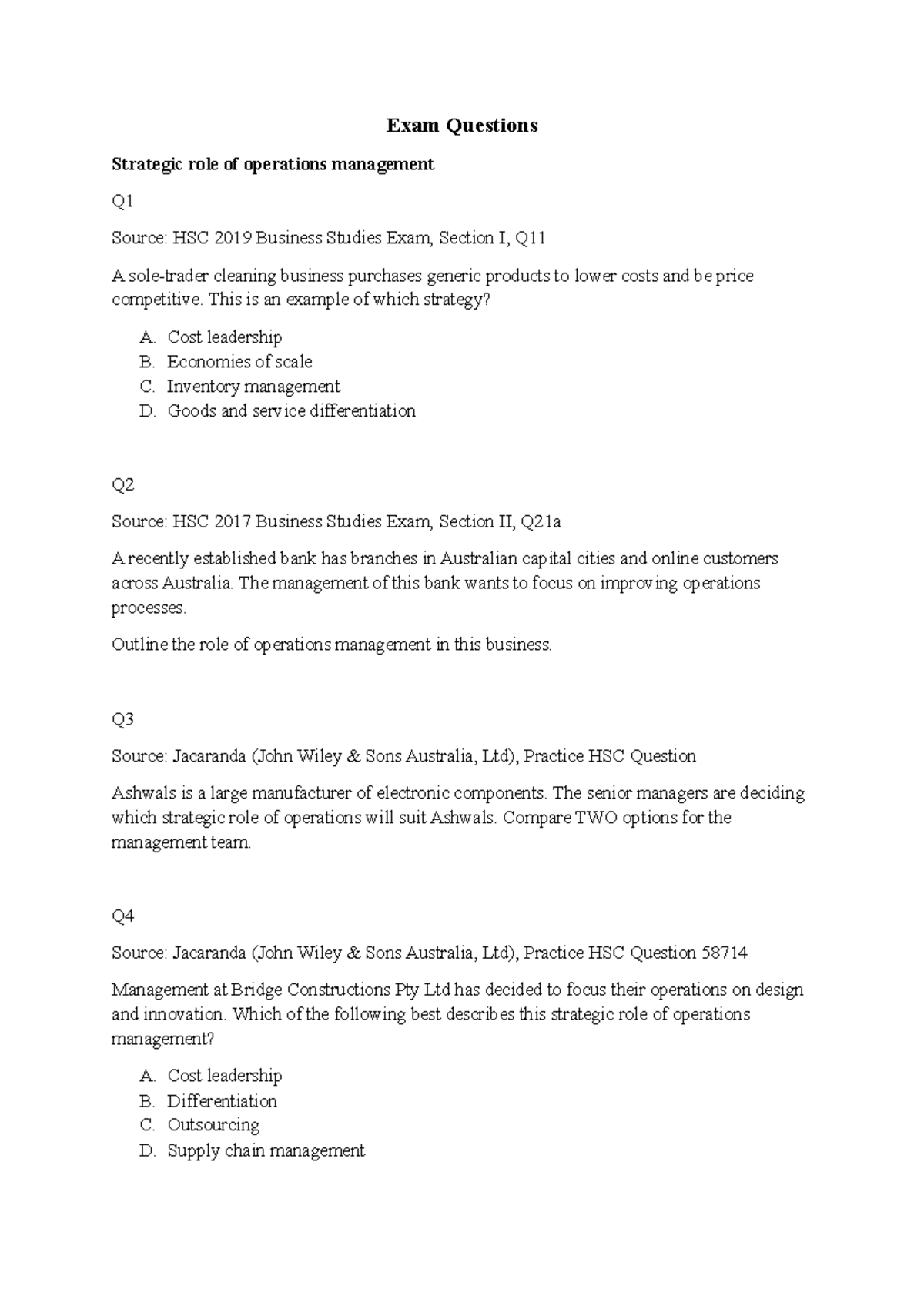 HSC Business Studies Exam: Strategic Role of Operations Management ...