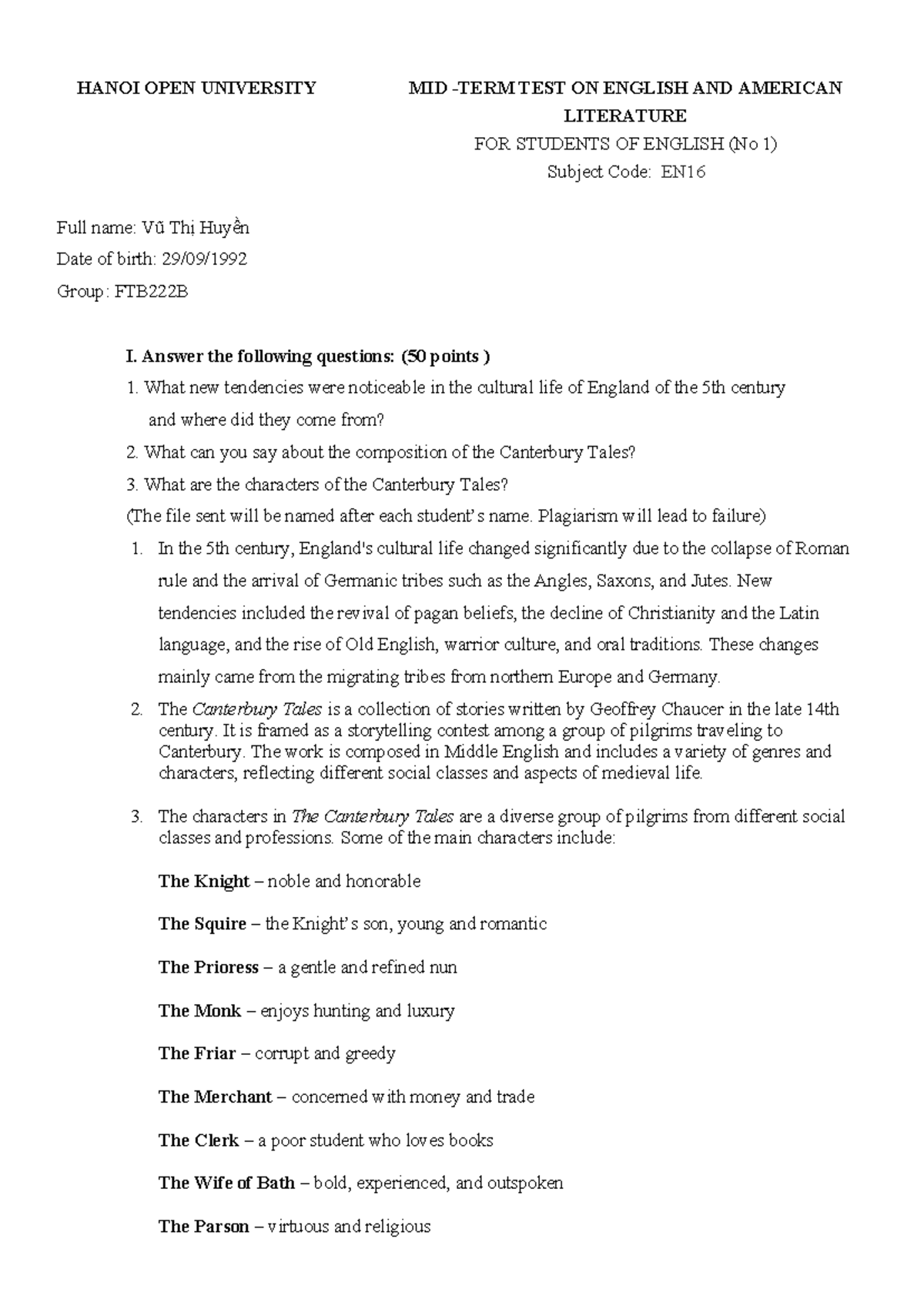 EN16 Mid Test: English & American Literature Insights - Studocu