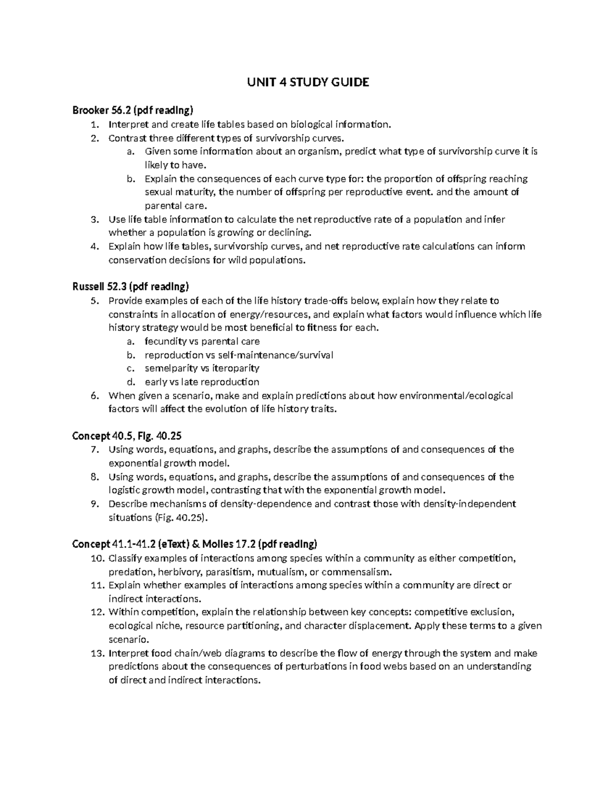 Unit 4 Study Guide - Summary Fundamentals Of Biology II - UNIT 4 STUDY ...