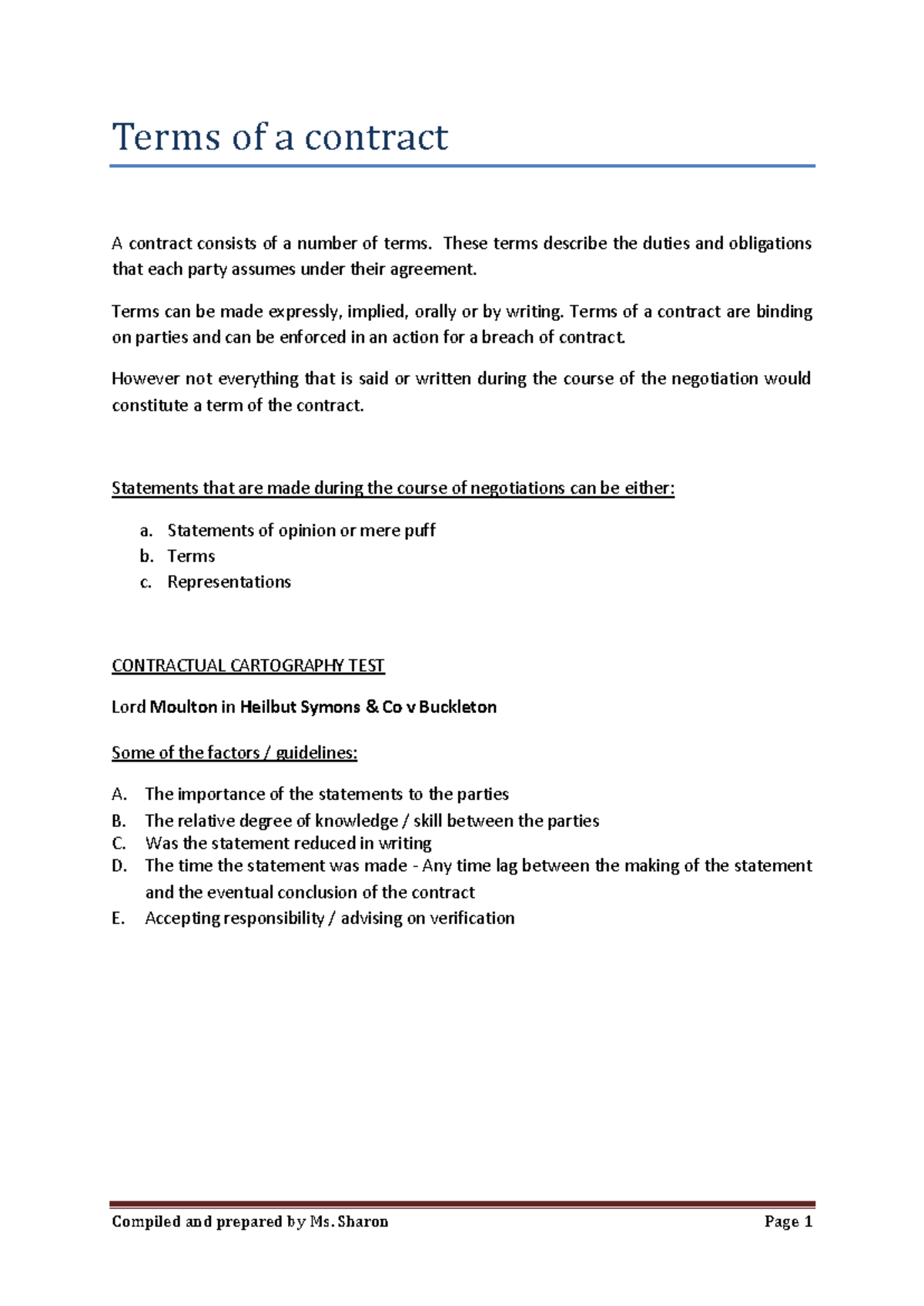 Contract Law - Terms EC SC - Terms of a contract A contract consists of ...