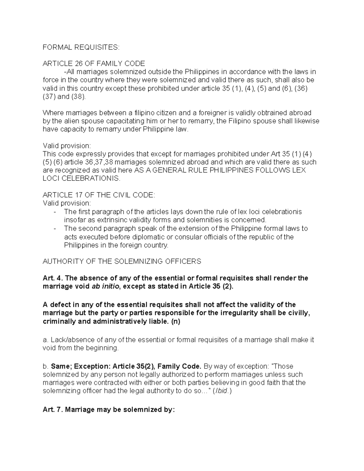 Formal Requisites of Marriage: Notes on Authority and Validity - Studocu