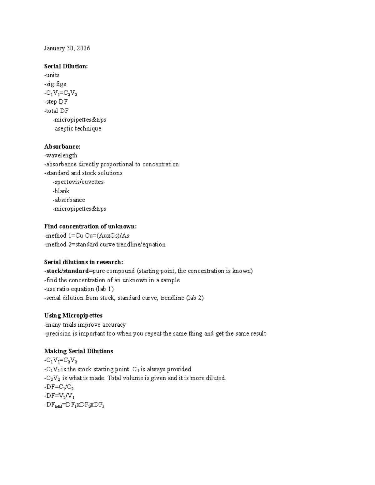 Lab 1-2: Serial Dilution Techniques & Absorbance Analysis Notes - Studocu